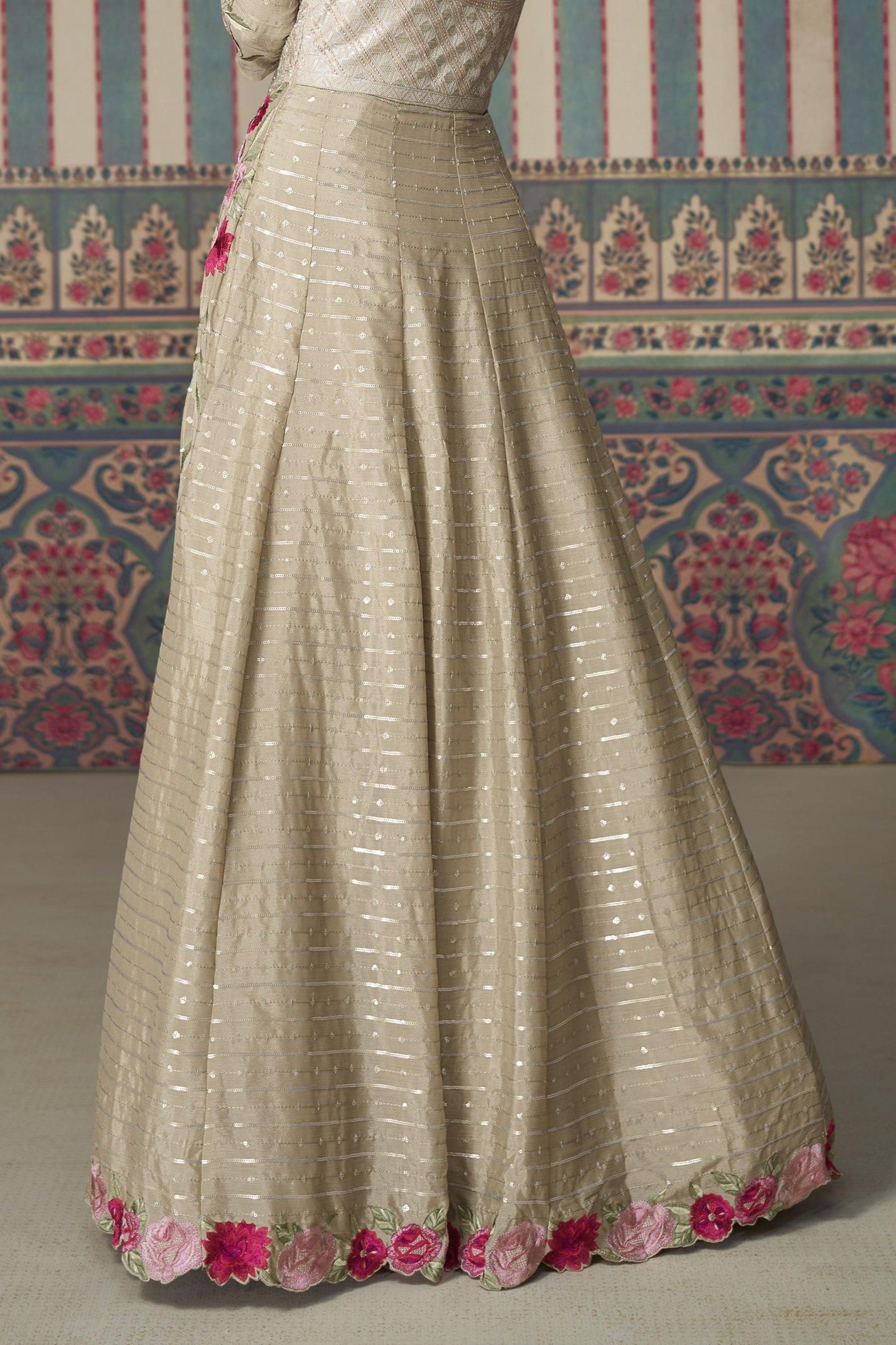 Beige Chinon Silk Full Length Partywear Gown For Festivals & Weddings - Embroidery Work