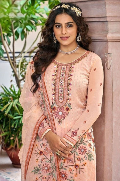 Light Peach Georgette with Chinon Silk Kameez with Pant For Indian Suit Festivals & Pakistani Weddings - Embroidery Work