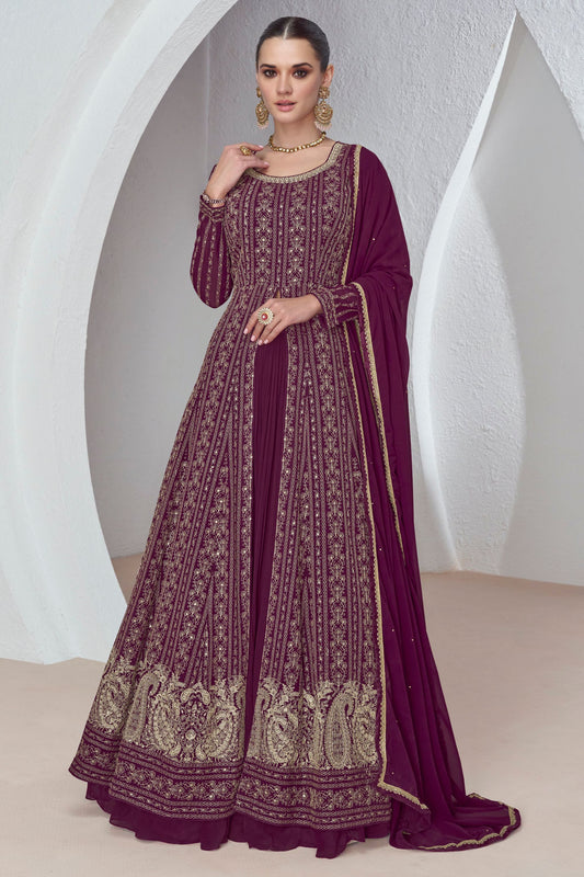 Maroon Chinon Silk Floor Full Length Anarkali Gown with Skirt For Indian Festivals & Weddings - Embroidery Work