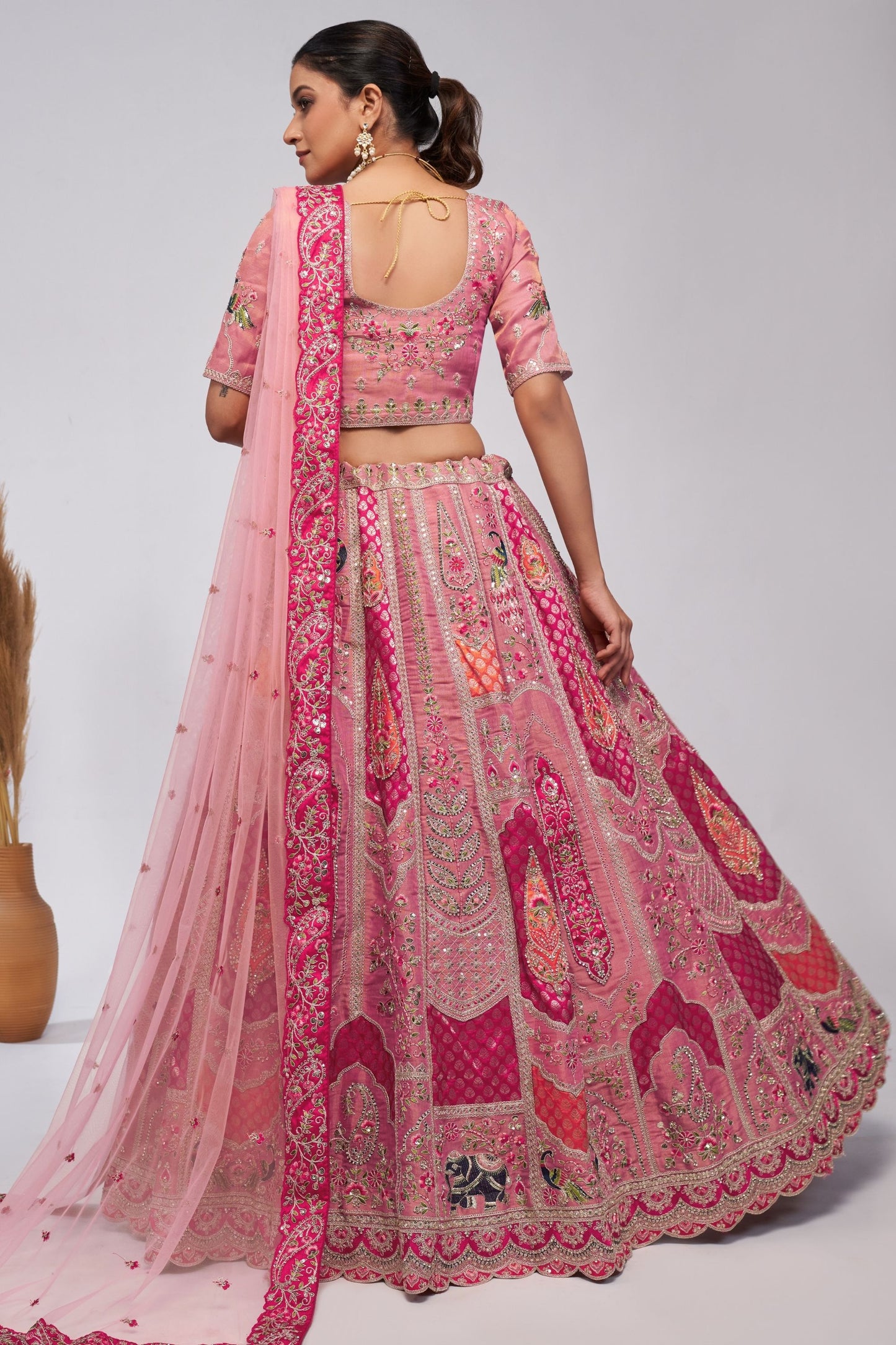 Pink Zari Silk Lehenga Choli For Indian Festivals & Weddings - Sequins Work, Patch Work, Zarkan Work, Thread Work