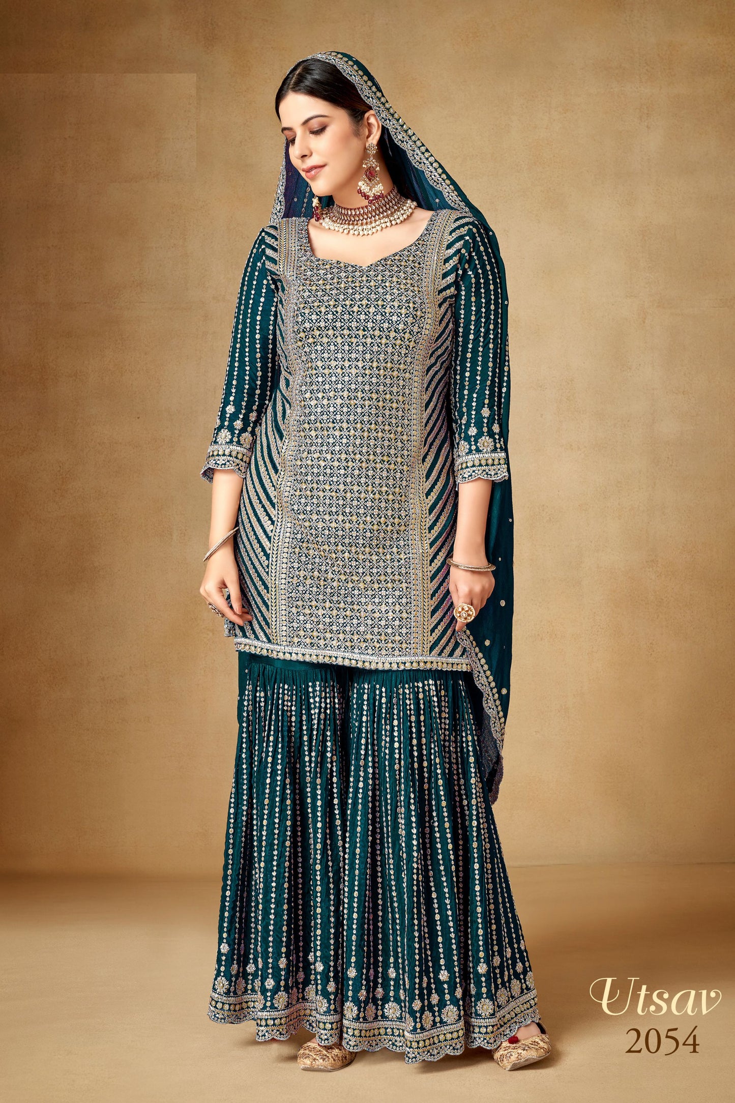 Teal Chinon Silk Sharara Suits Dress for Indian Festival & Pakistani Wedding - Sequence Embroidery Work, Zari Work