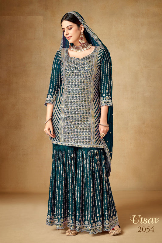 Teal Chinon Silk Sharara Suits Dress for Indian Festival & Pakistani Wedding - Sequence Embroidery Work, Zari Work