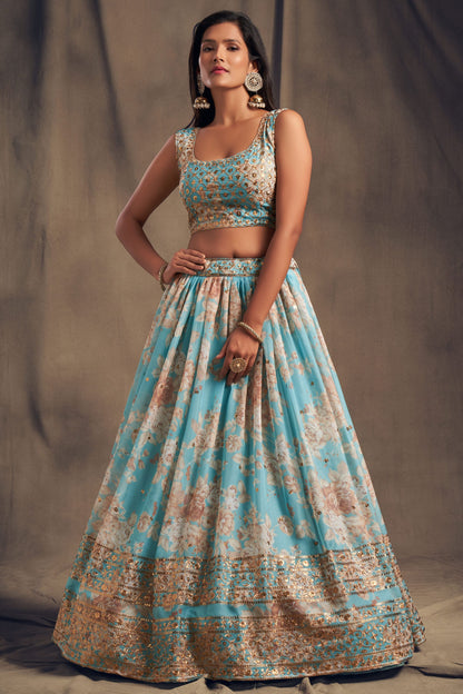 Light Blue Organza Lehenga Choli For Indian Festival & Weddings - Embroidery Work, Print Work