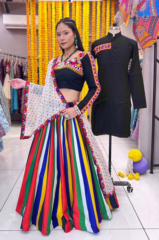 Couple Garba Combo - Women Multicolor Chaniya Choli 4.5 Meter Flair & Men Black Kurta Pyjama for Navratri Garba Festivals - Real Mirror Work, Print Work, Gamthi Work