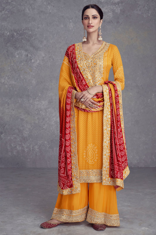 Yellow Chinon Silk Palazzo Suit For Indian Festivals & Weddings - Embroidery Work, Mirror Work, Print Work