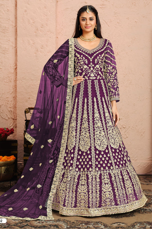 Purple Net Full Floor Length Anarkali Dress For Indian Festivals & Weddings - Embroidery Work