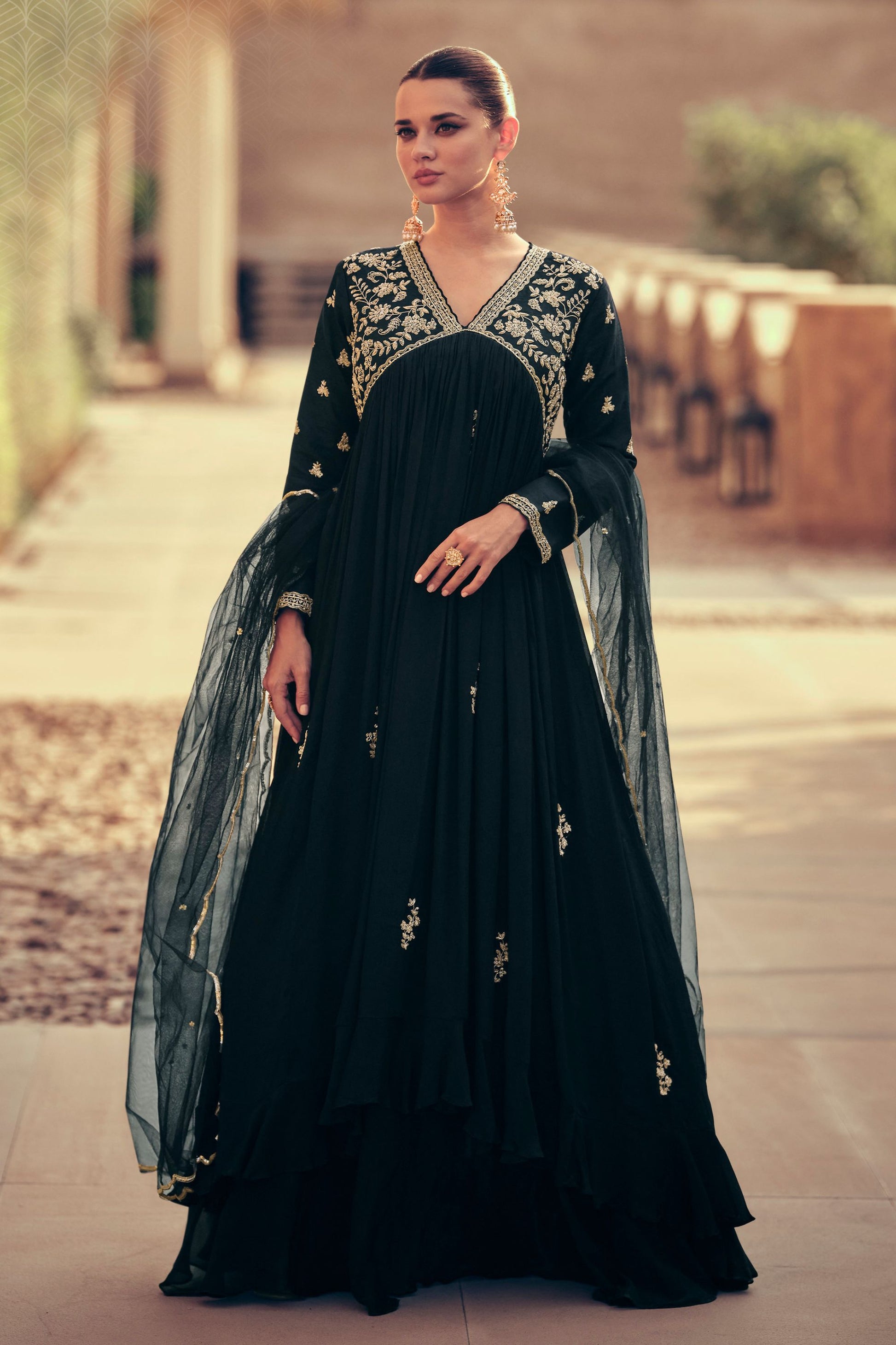 Charcoal Black Silk Georgette Floor Full Length Embroidered Anarkali Gown For Indian Festivals & Pakistani Weddings - Embroidery Work