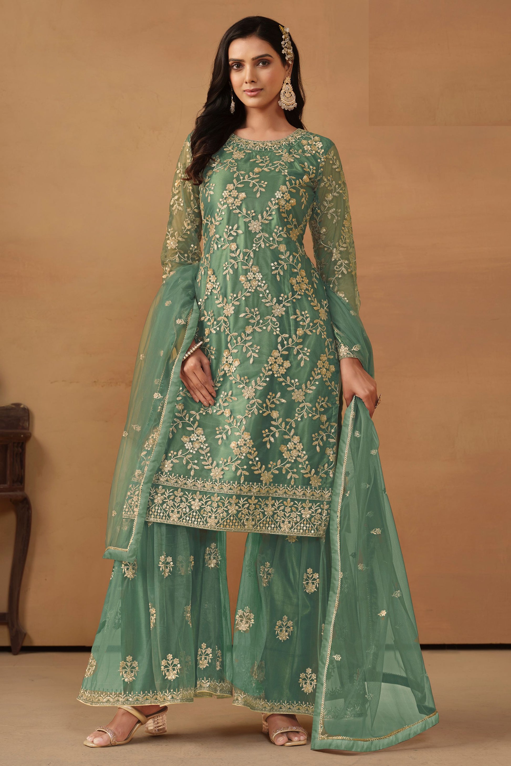 Green Net Sharara Suit Dress For Indian Festivals & Weddings - Thread & Sequence Embroidery Work