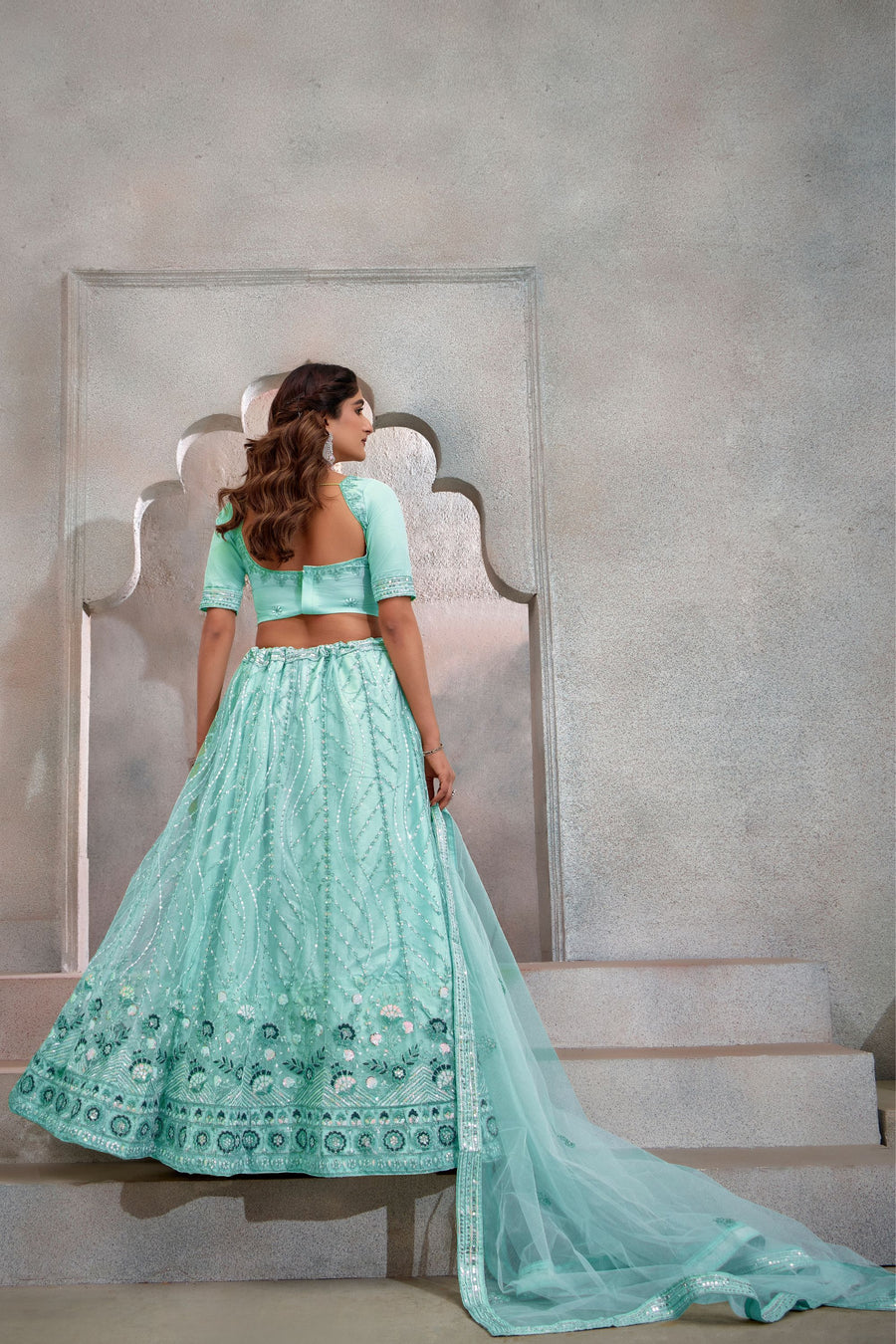 Cyan Net Lehenga Choli For Indian Festival & Weddings - Thread Embroidery Work, Sequence Embroidery Work