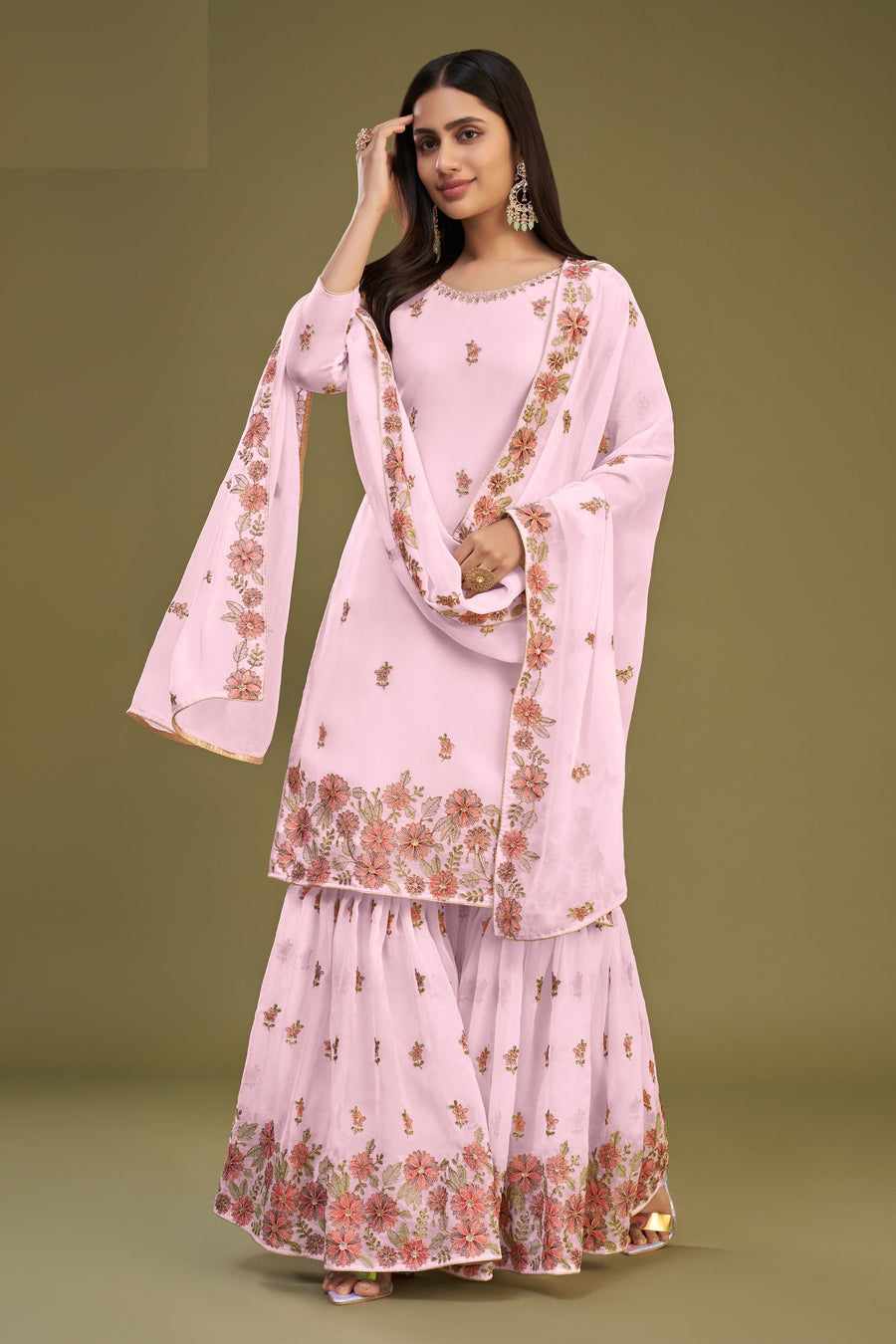 Baby Pink Georgette Sharara For Indian Festivals & Pakistani Weddings - Thread Embroidery Work