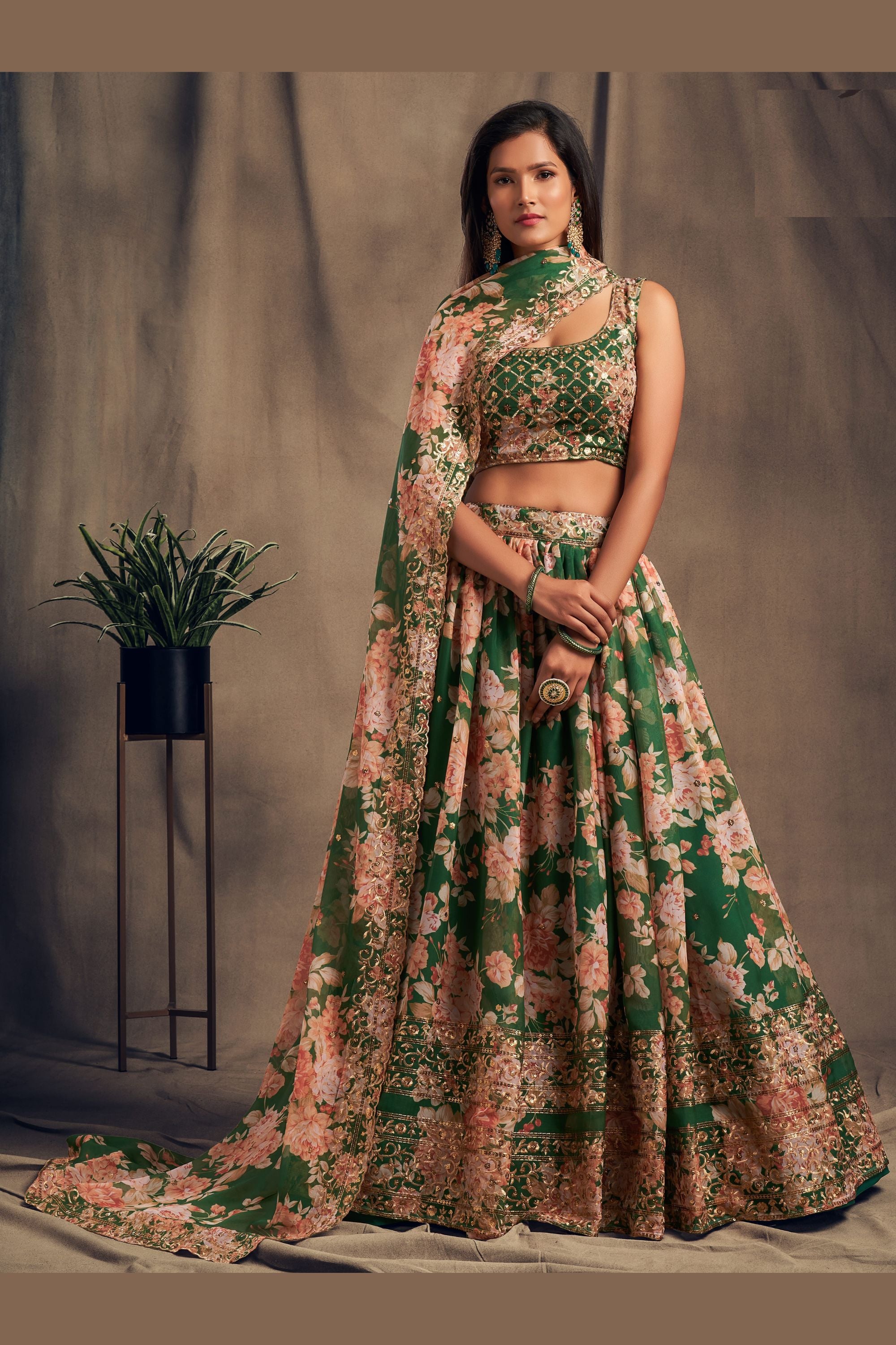 Green Organza Lehenga Choli For Indian Festival & Weddings - Embroidery Work, Print Work