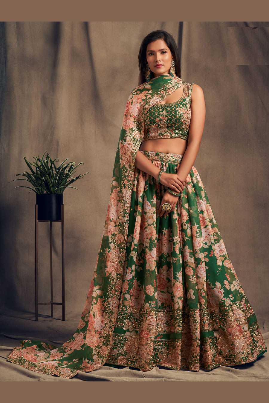Green Organza Lehenga Choli For Indian Festival & Weddings - Embroidery Work, Print Work
