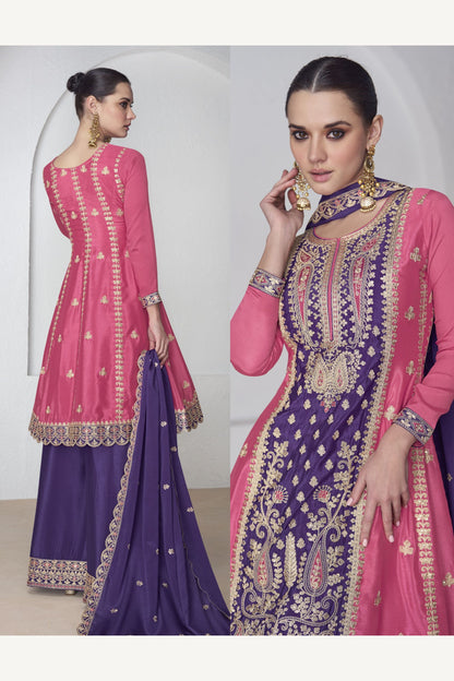 Purple Chinon Silk Palazzo Suit For Indian Wedding & Pakitani Festival - Embroidery Work