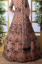 Peach Pakistani Net Partywear Anarkali Gown For Indian Festivals & Weddings - Thread Embroidery Work, Stone Work