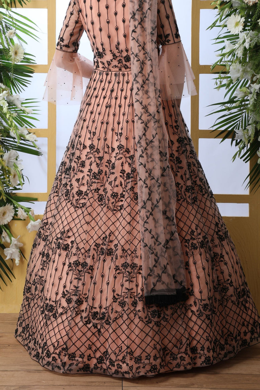 Peach Pakistani Net Partywear Anarkali Gown For Indian Festivals & Weddings - Thread Embroidery Work, Stone Work