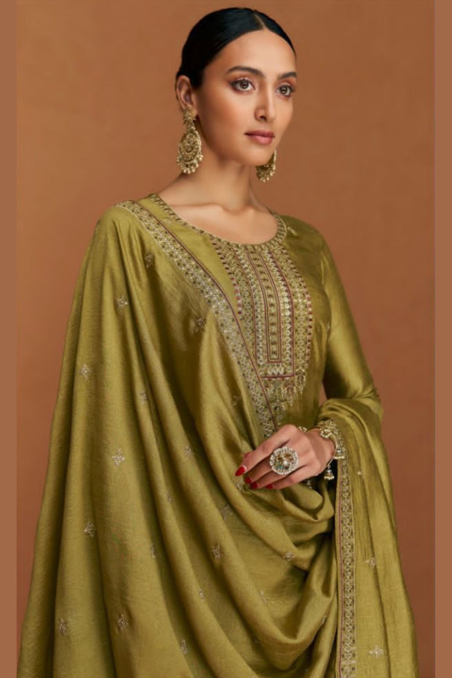 Olive Silk Kameez with Pant For Indian Suit Festivals & Pakistani Weddings - Embroidery Work