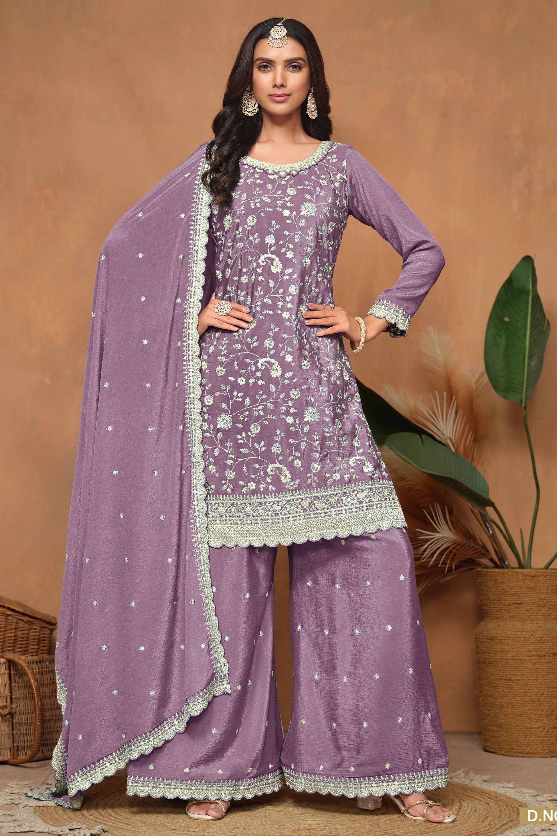 Purple Chinon Silk Palazzo Suit For Indian Festivals & Weddings - Embroidery Work