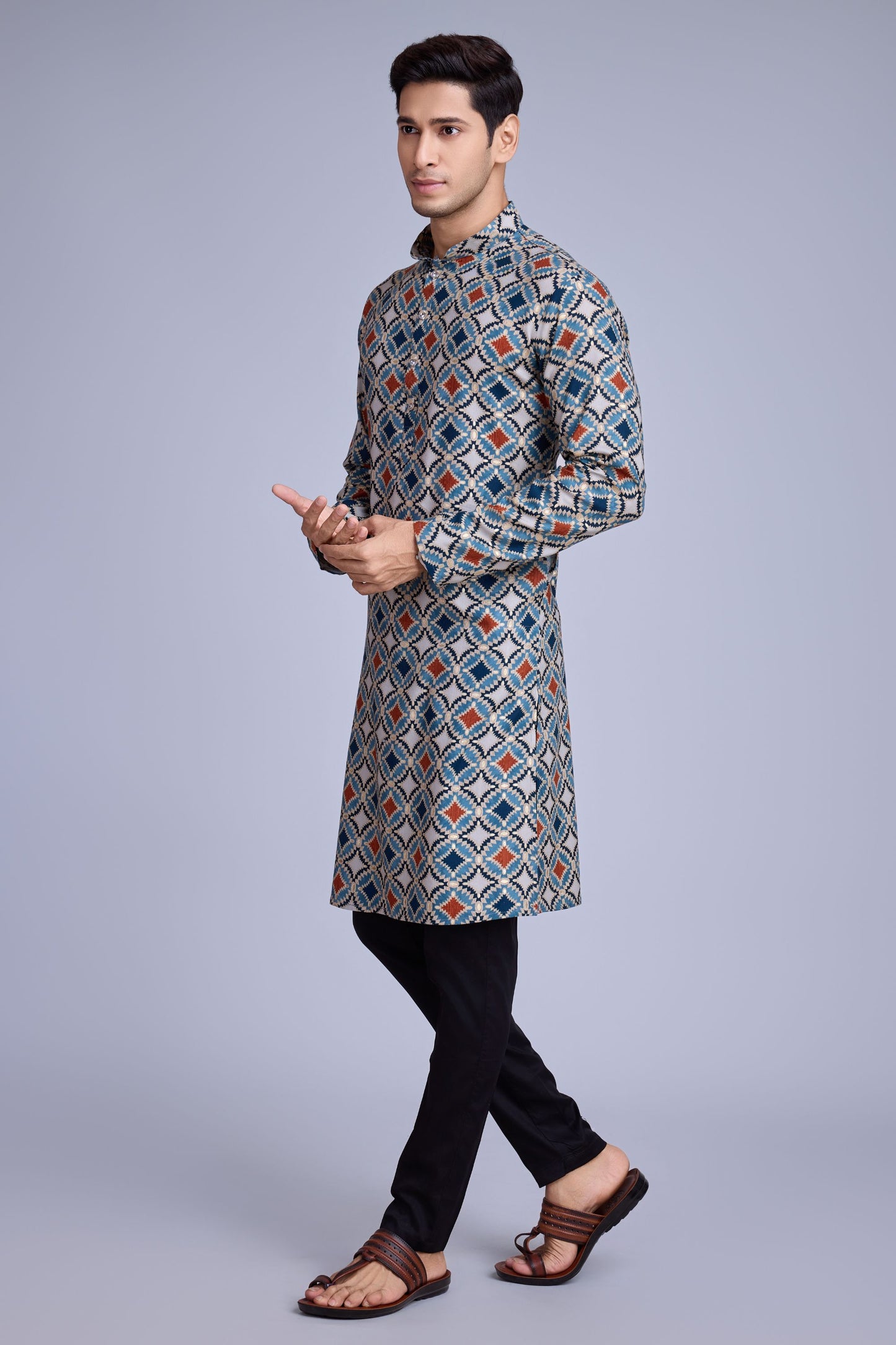 Sky Blue Rayon Kurta Pyjama for Men For Navratri Garba Festivals - Print Work