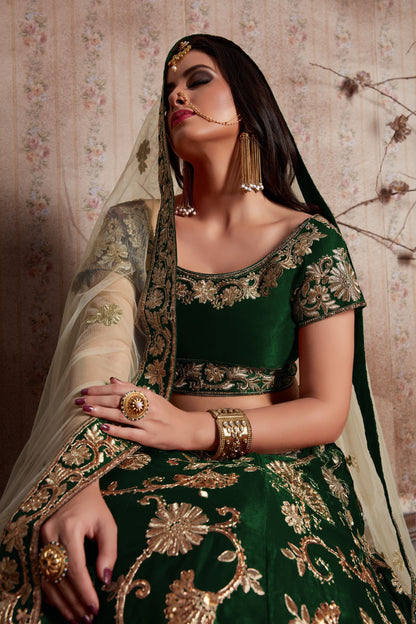 Green Velvet Silk Lehenga Choli For Indian Festival & Weddings - Sequence Embroidery Work, Lace Work, Zari Work