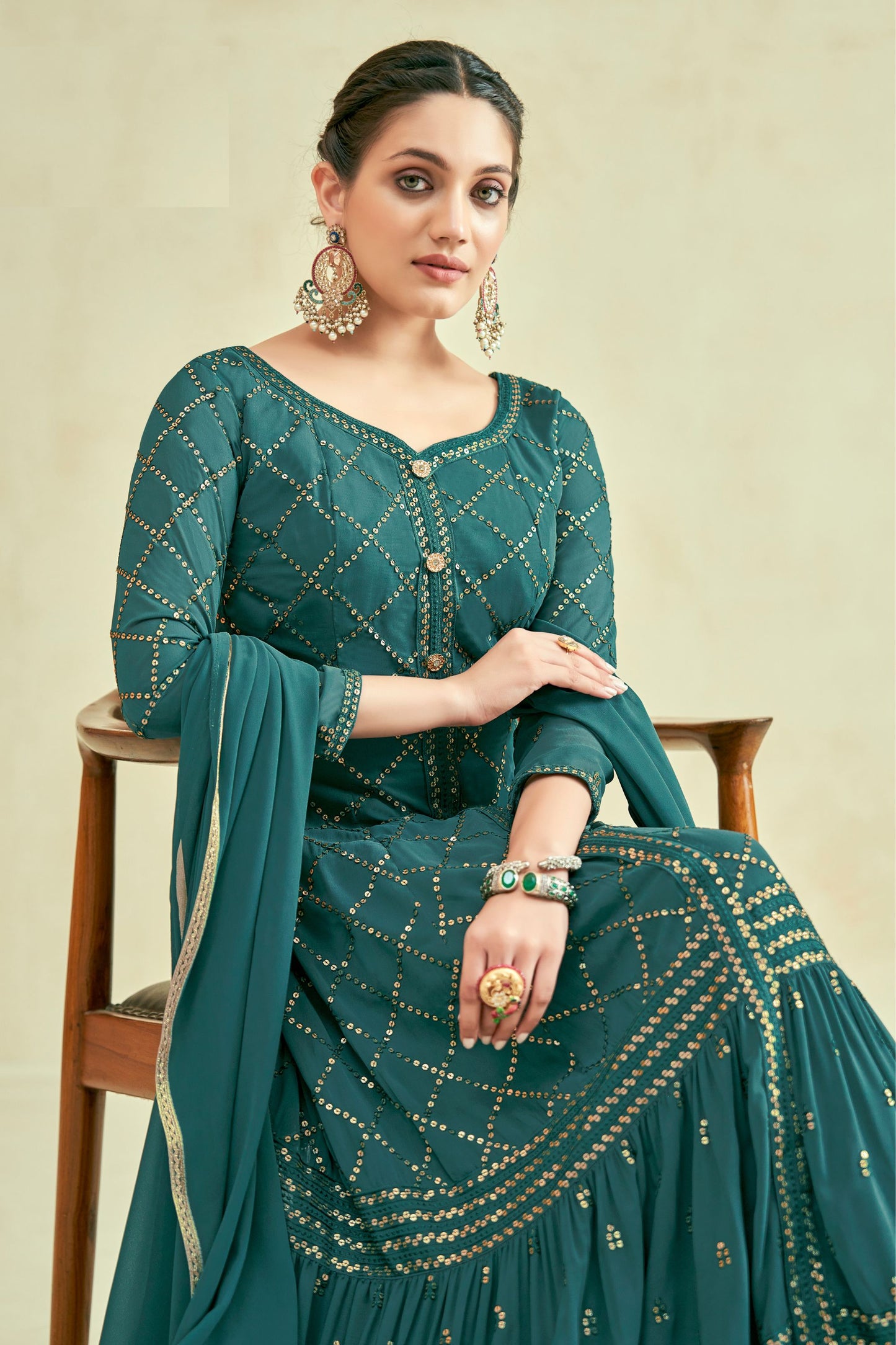 Teal Georgette Full Floor Length Anarkali Gown For Indian Festivals & Weddings - Sequence Embroidery Work