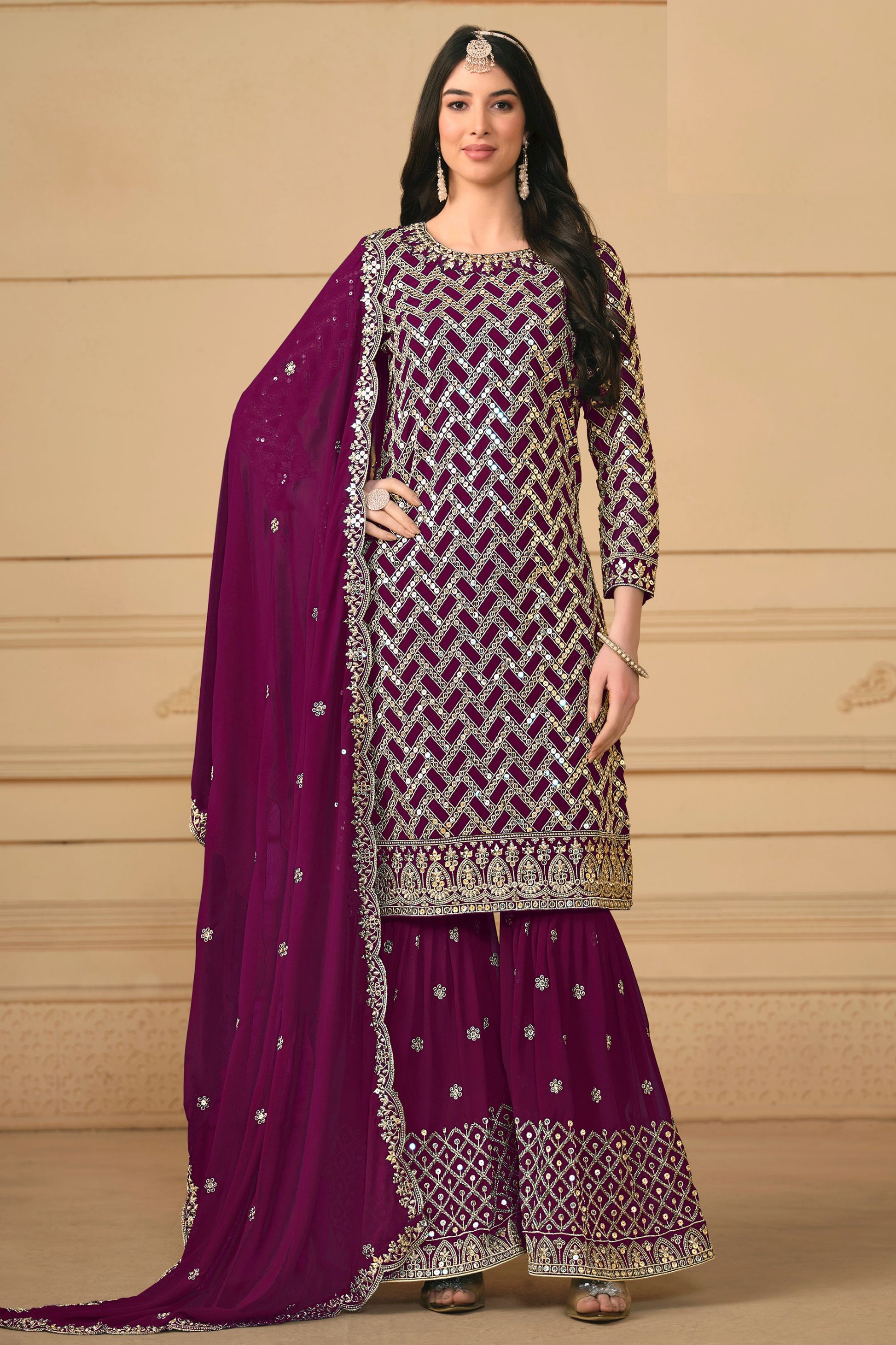 Maroon Georgette Sharara Suit Dress For Indian Festivals & Weddings - Embroidery Work