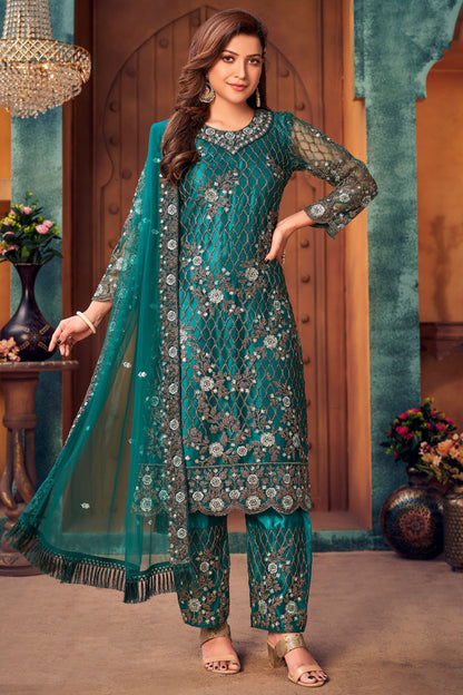 Teal Net Kameez with Pant For Indian Suit Festivals & Pakistani Weddings - Embroidery Work