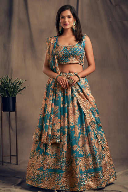 Teal Organza Lehenga Choli For Indian Festival & Weddings - Embroidery Work, Print Work