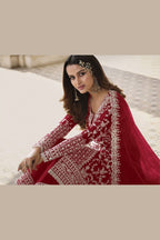 Red Net & Cording Work Salwar Kameez Plazzo Suit For Indian Wedding & Festival - Embroidery Work, Cording Work