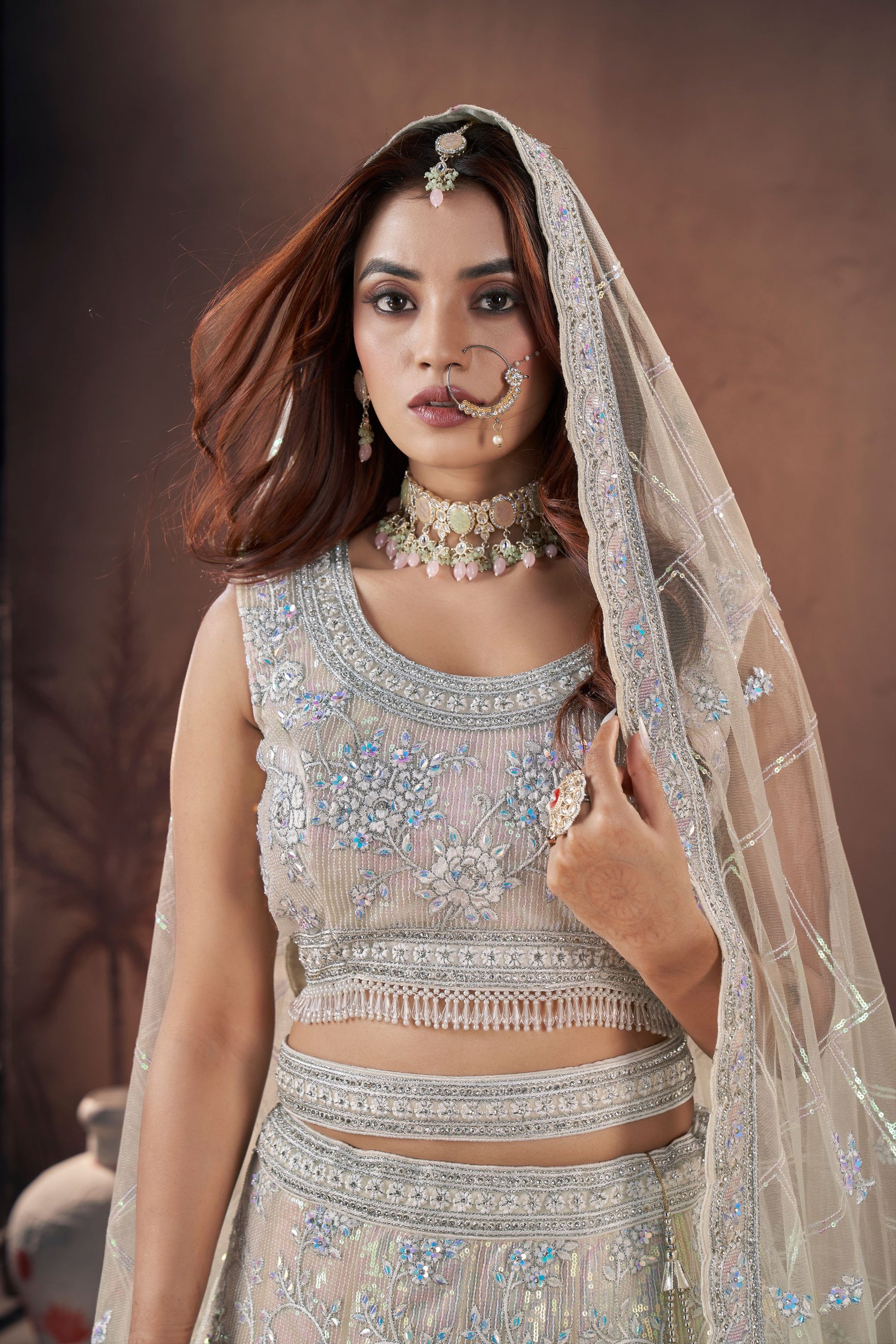 Off White Net Lehenga Choli For Indian Festivals & Wedding - Zarkan Work, Sequence Embroidery Work, Khatli Work, Cut Work