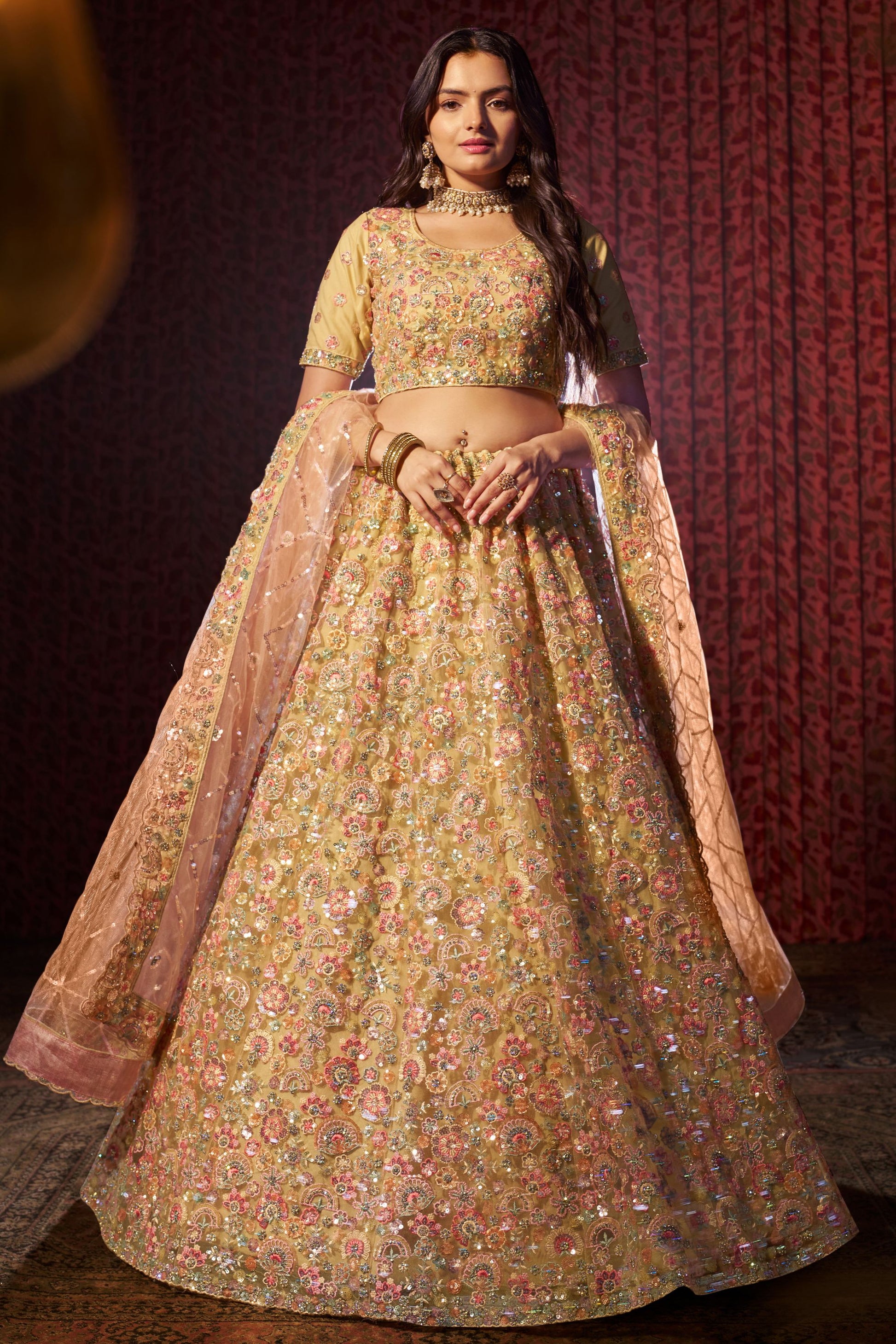 Beige Net Lehenga Choli For Indian Festival & Weddings - Sequence Embroidery Work, Thread Embroidery Work