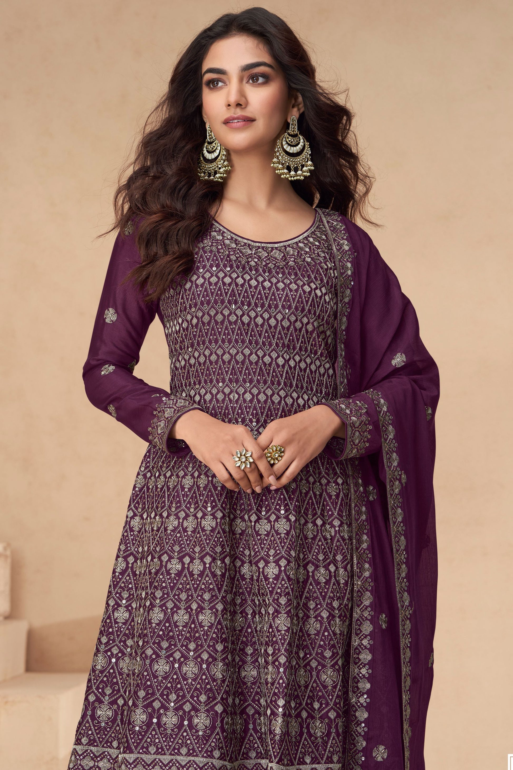 Dark Purple Chinon Silk Plazo Suit For Wedding & Festival - Embroidery Work