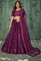 Dark Purple Net Lehenga Choli For Indian Festivals & Pakistani Weddings Dress - Thread Embroidery Work, Sequence Embroidery Work