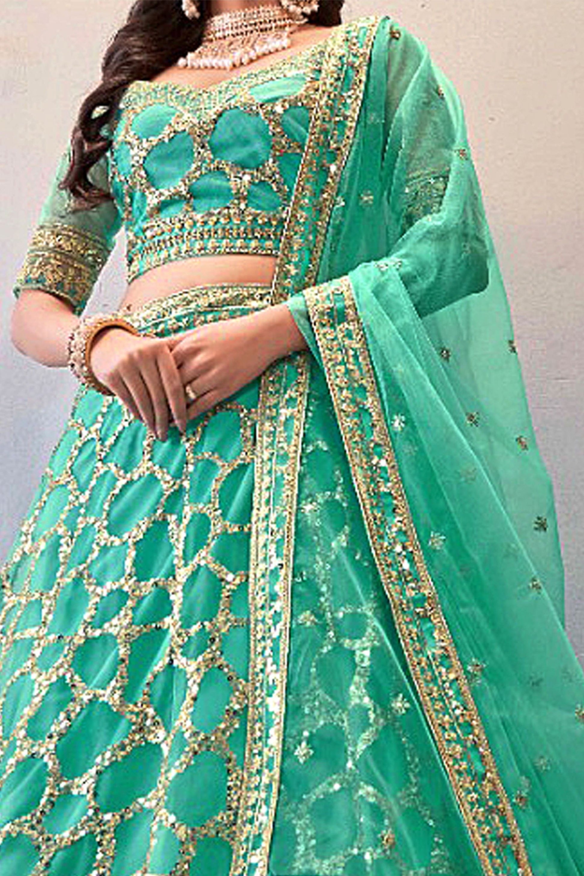 Green Net Lehenga Choli For Indian Festivals & Wedding - Sequence Embroidery Work