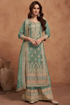 Dusty Green Simar Silk Plazo Suit For Indian Festivals & Weddings - Embroidery Work