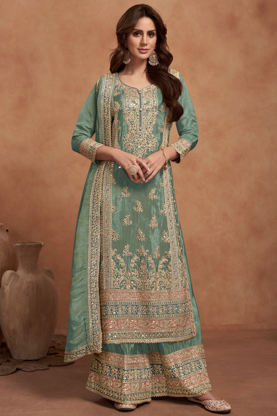 Dusty Green Simar Silk Plazo Suit For Indian Festivals & Weddings - Embroidery Work