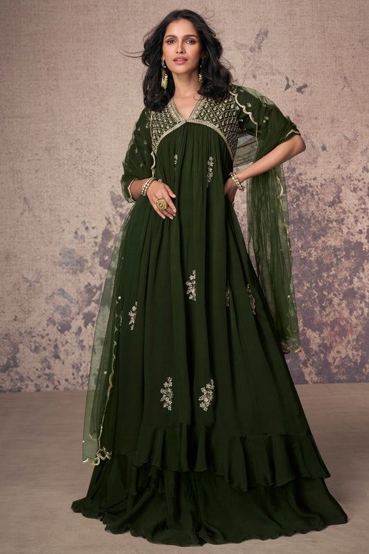 Olive Green Chinon Silk Anarkali Gown For Indian Festivals & Weddings - Embroidery Work