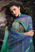 Green Chinon Silk Plazo Suits for Indian Festival & Pakistani Wedding - Embroidery Work