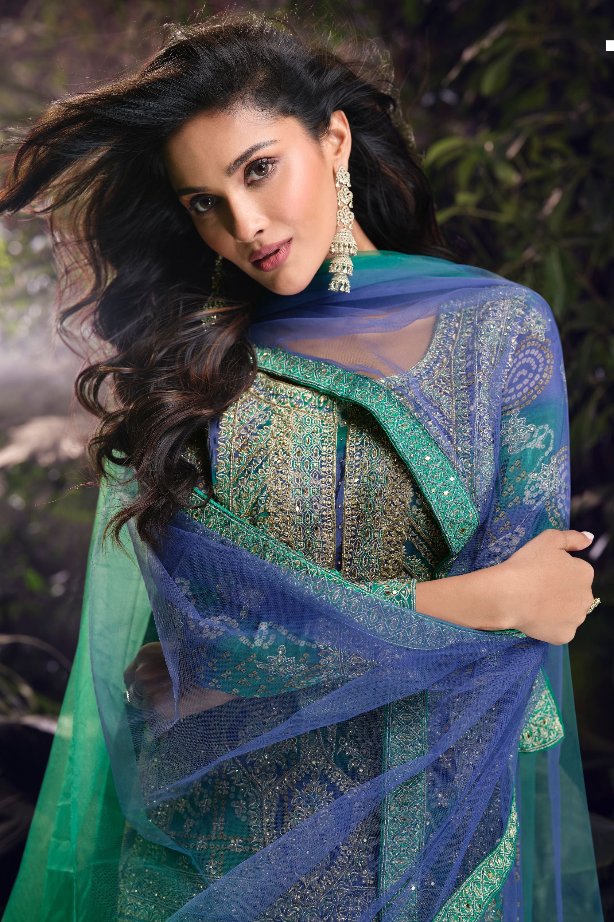 Green Chinon Silk Plazo Suits for Indian Festival & Pakistani Wedding - Embroidery Work