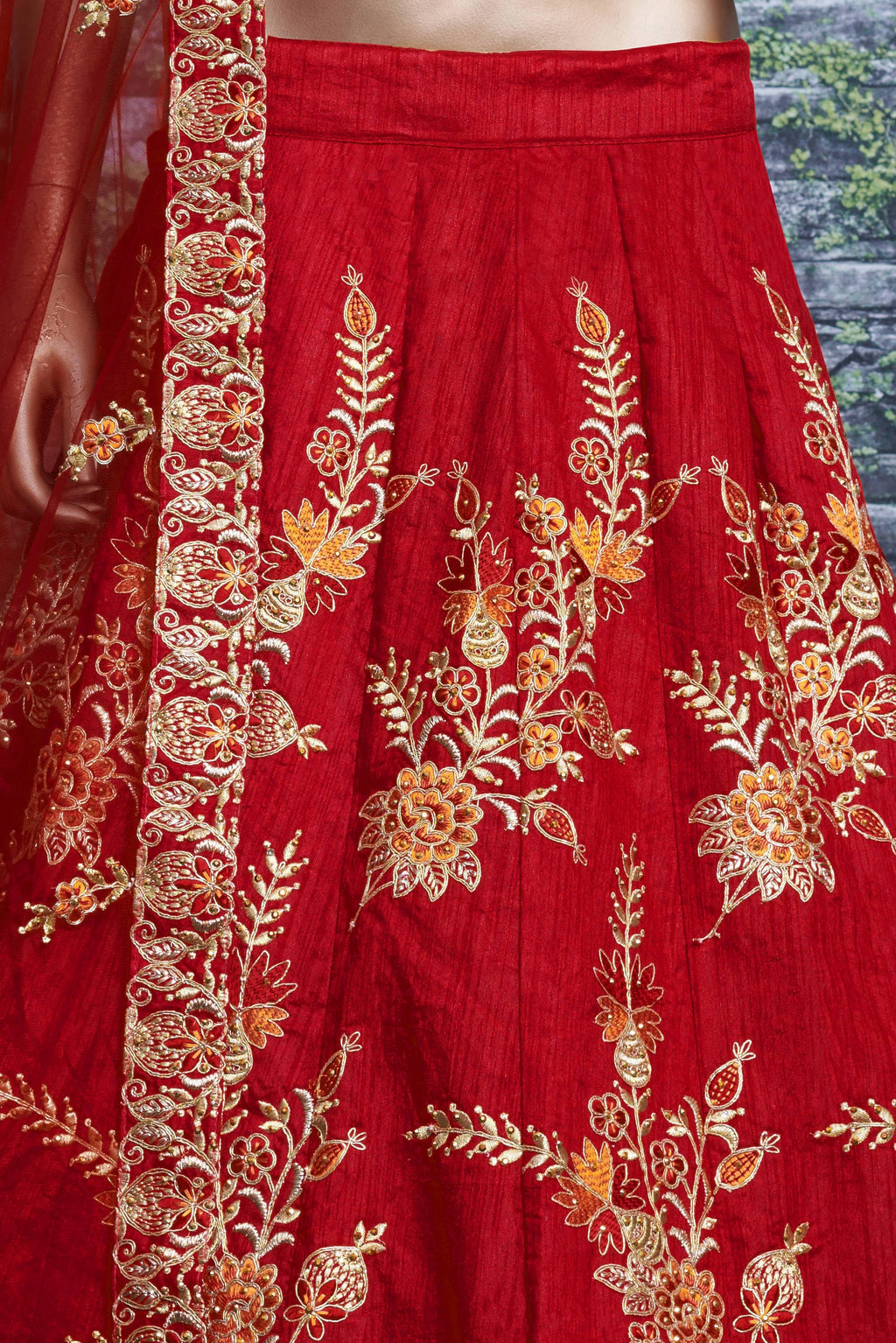 Red Ghagra Choli for Ladies in Slub Silk with Dori, Zari Work & Sequin