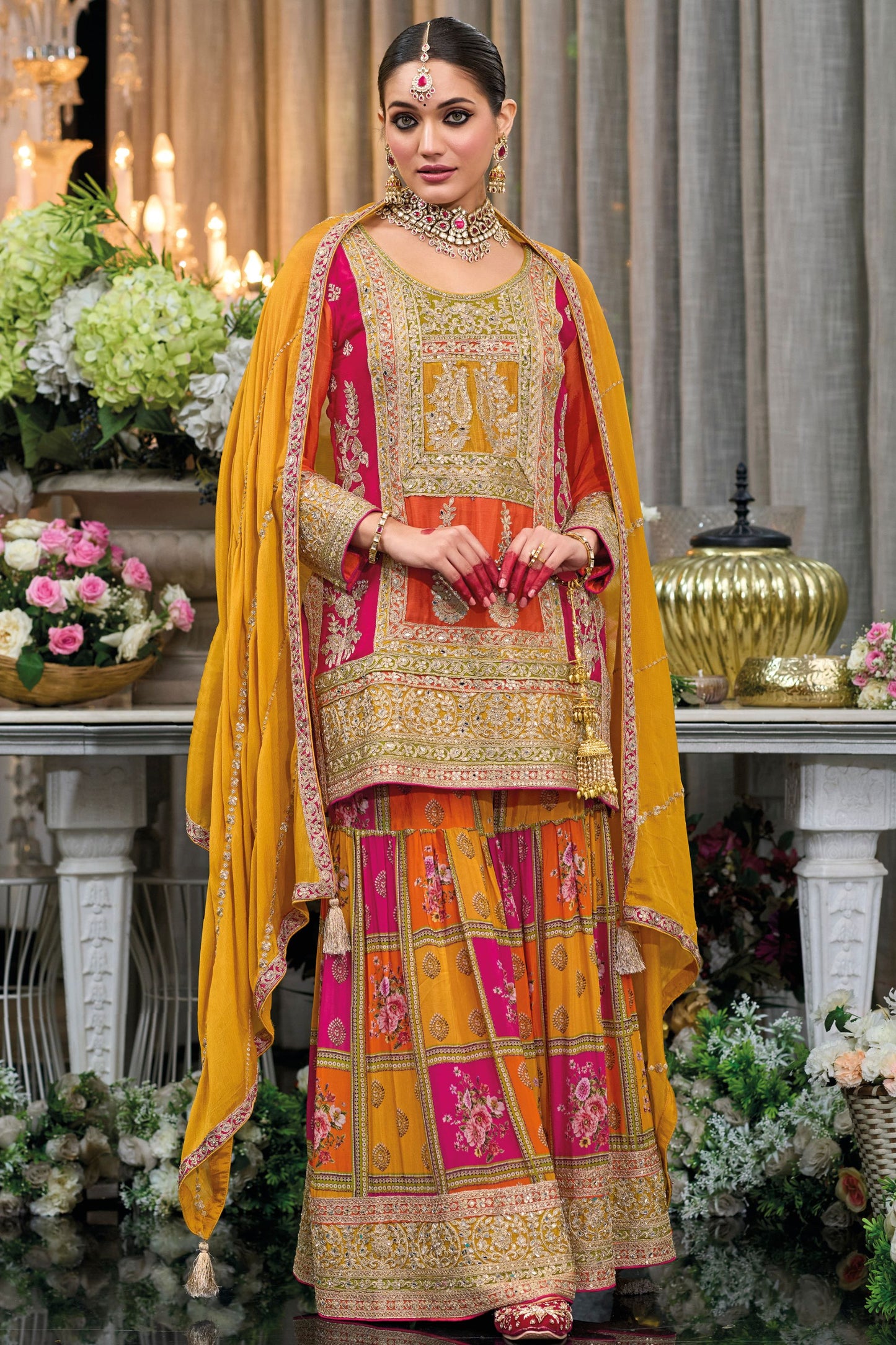 Orenge Yellow Chinon Silk Kameez with Plazo For Indian Festivals & Weddings - Embroidery Work