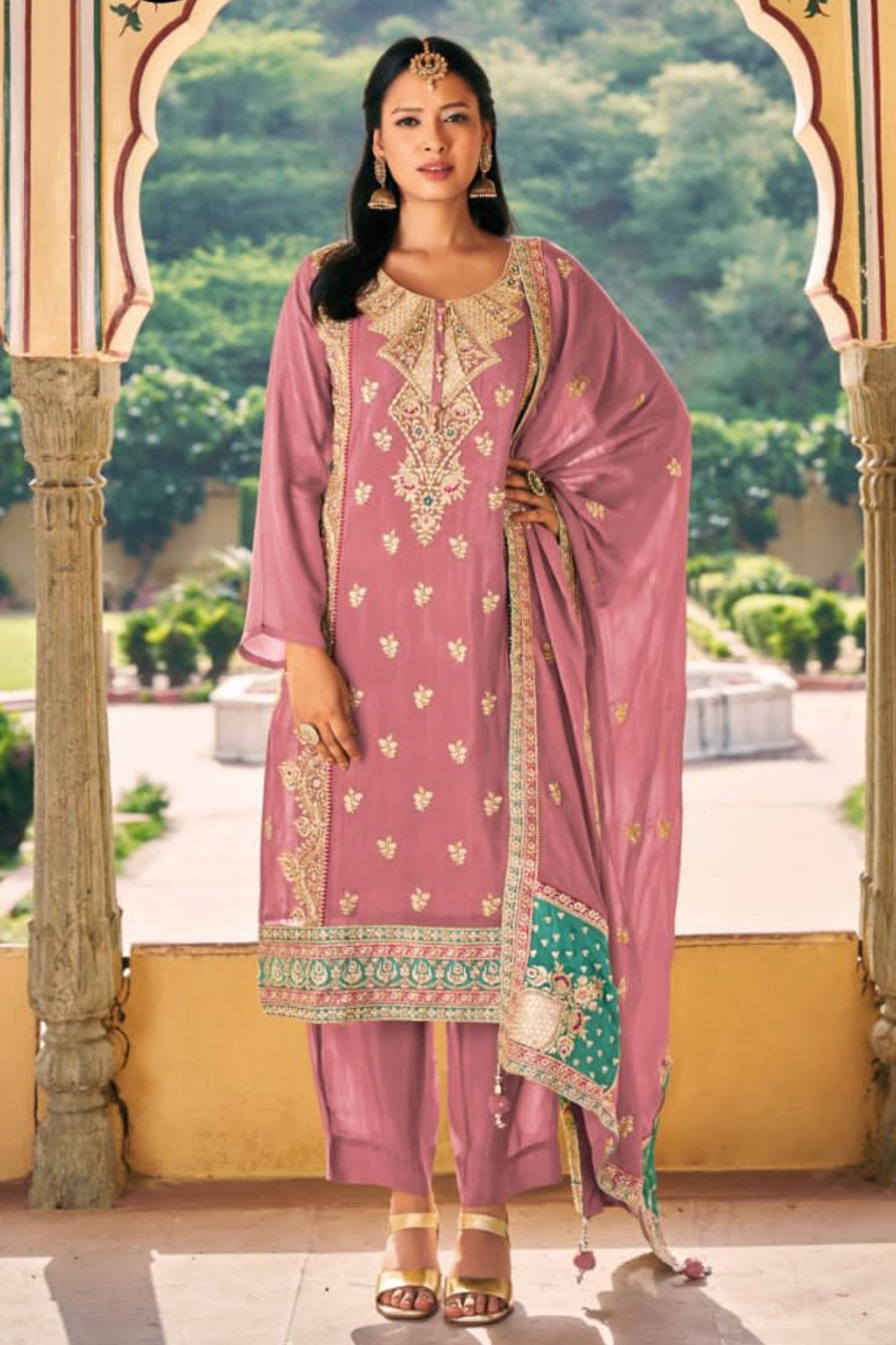 Pink Chinon Silk Salwar Kameez with Pant Suit For Indian Festivals & Weddings - Embroidery Work