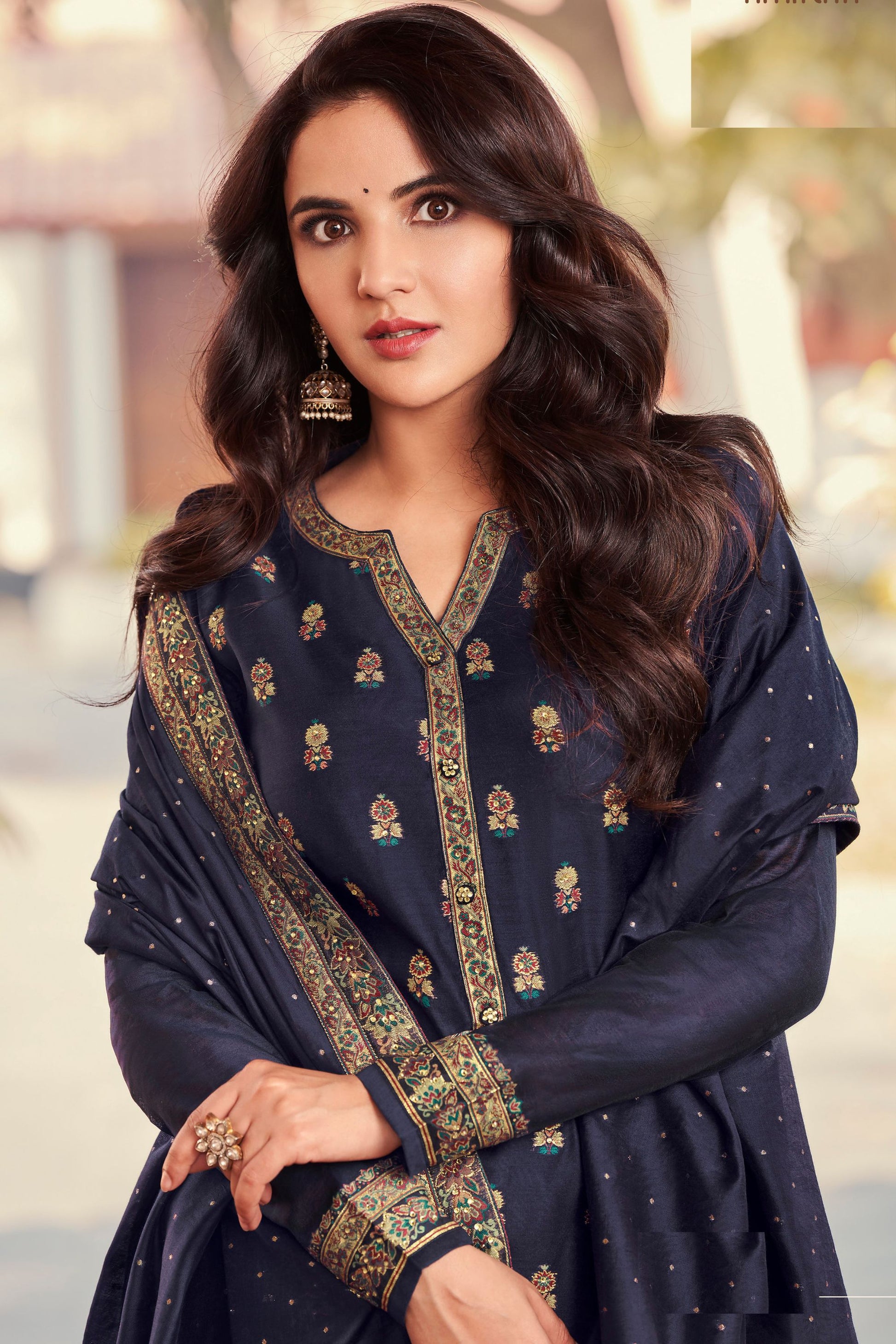 Navy Blue Jacquard Silk Kameez With Pant For Indian Suit Festivals & Pakistani Weddings Dress - Embroidery Work