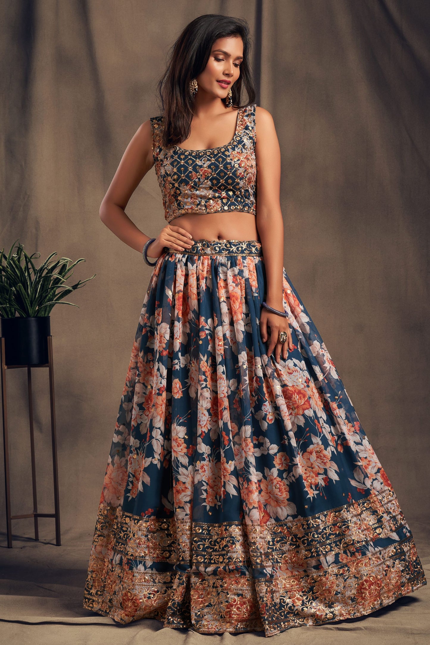 Navy Blue Organza Lehenga Choli For Indian Festival & Weddings - Embroidery Work, Print Work