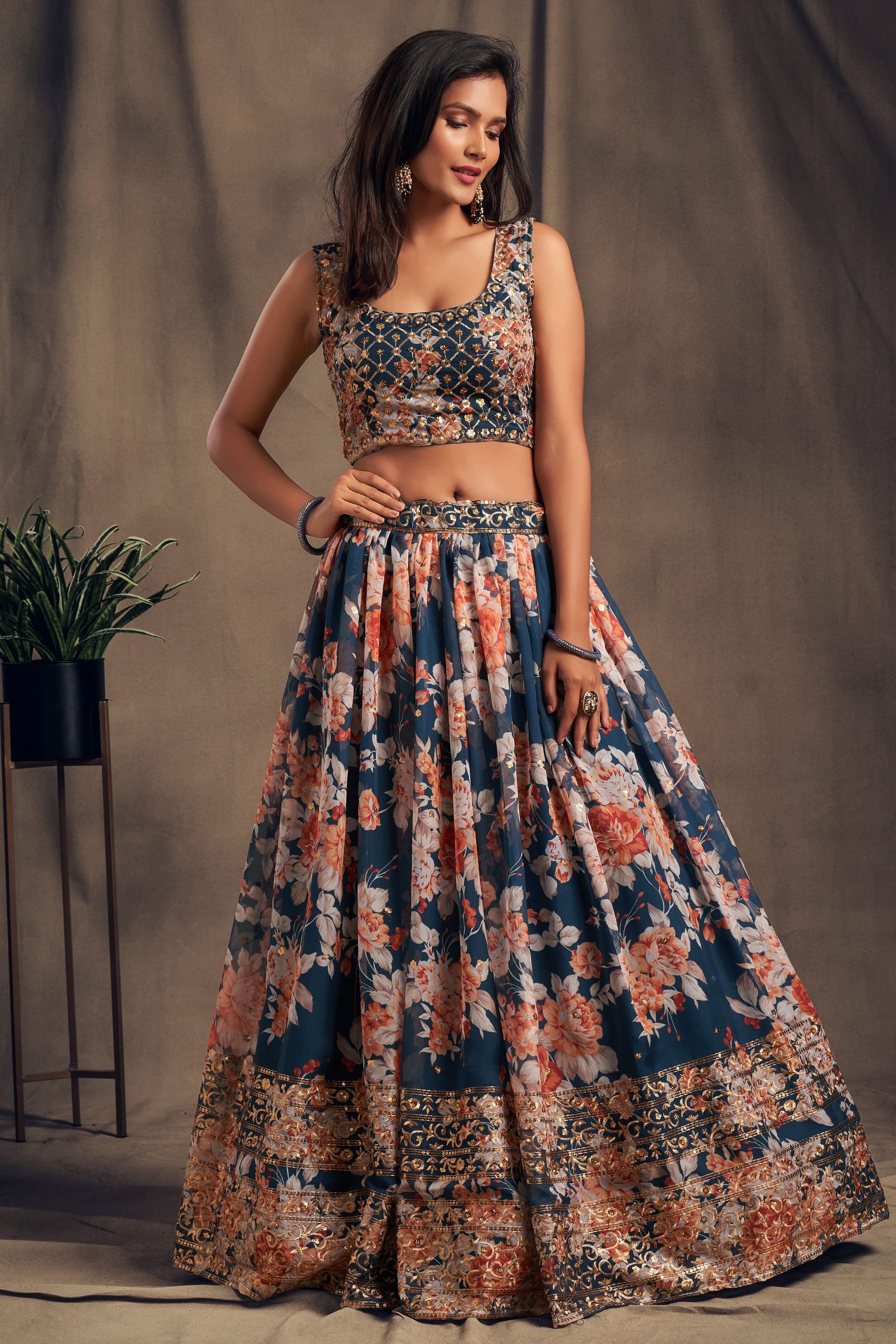 Navy Blue Organza Lehenga Choli For Indian Festival & Weddings - Embroidery Work, Print Work