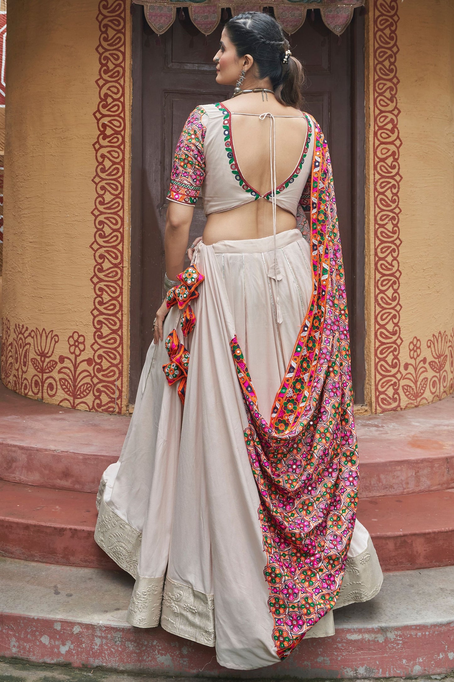 Beige Rayon Chaniya Choli For Navratri Garba Festivals 7 Meters Flair - Embroidery Work, Real Mirror Work