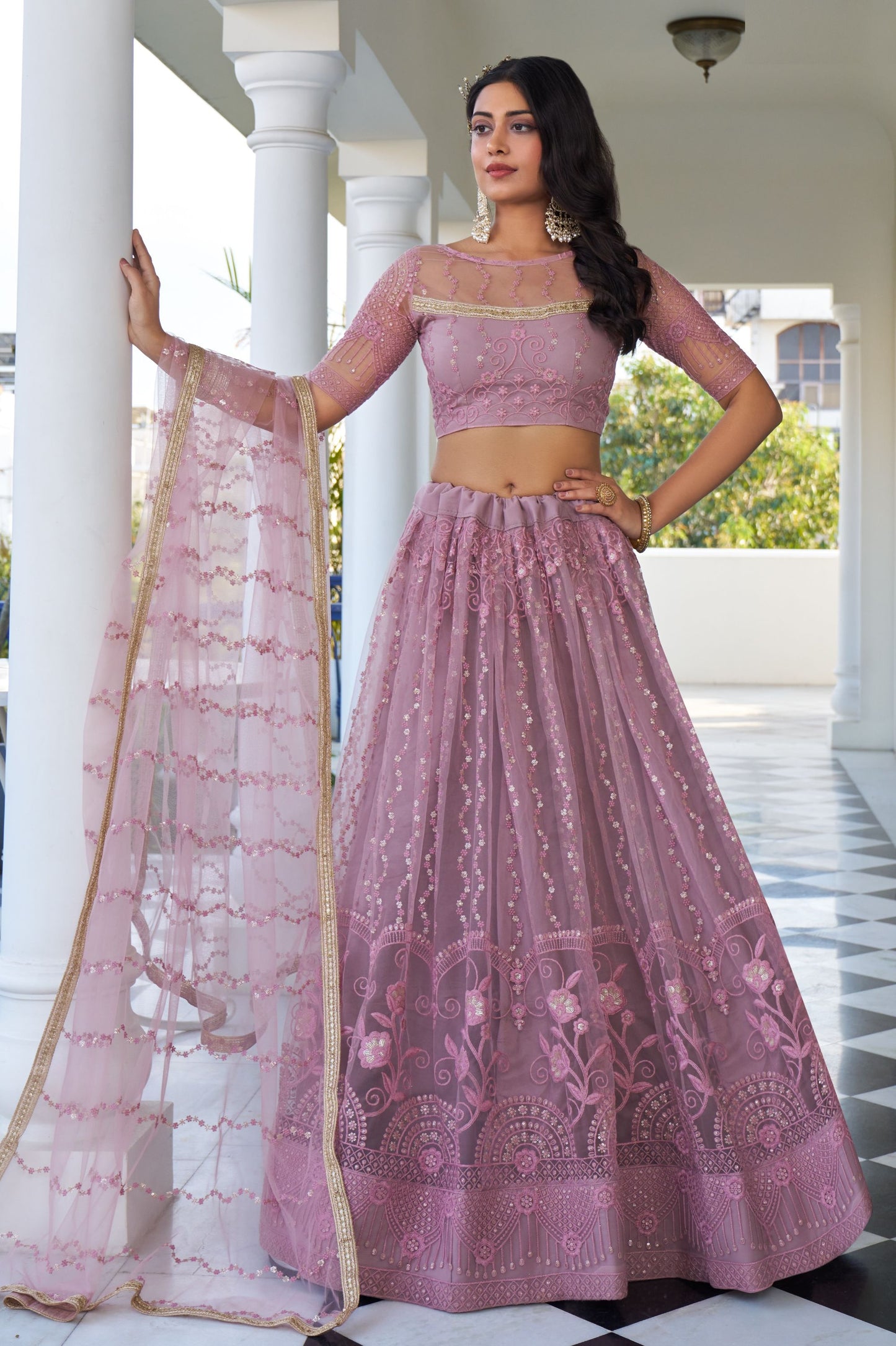 Blush Pink Net Embroidered Lehenga Choli For Indian Festival & Weddings - Embroidery Work