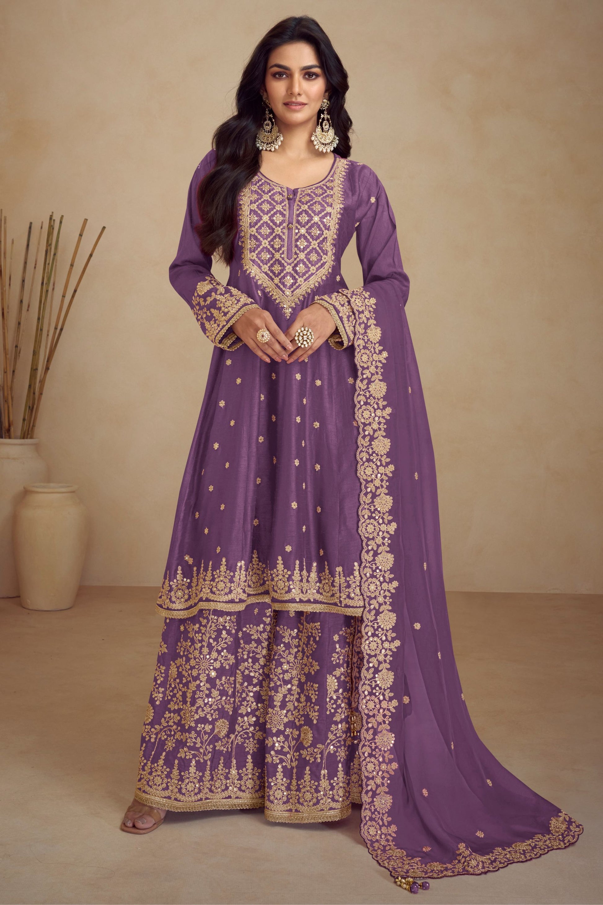 Purple Chinon Silk Plazo Suit For Indian Weddings & Pakitani Festival - Embroidery Work