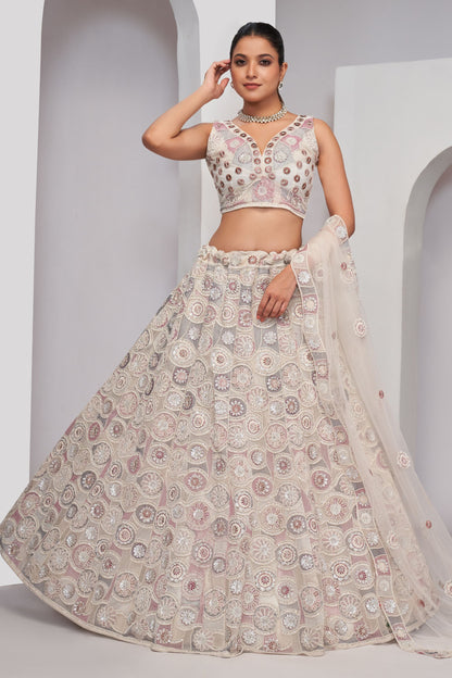 White Soft Net Lehenga Choli For Indian Festivals & Weddings - Sequins Work, Dori Work, Zarkan Work, Thread Work