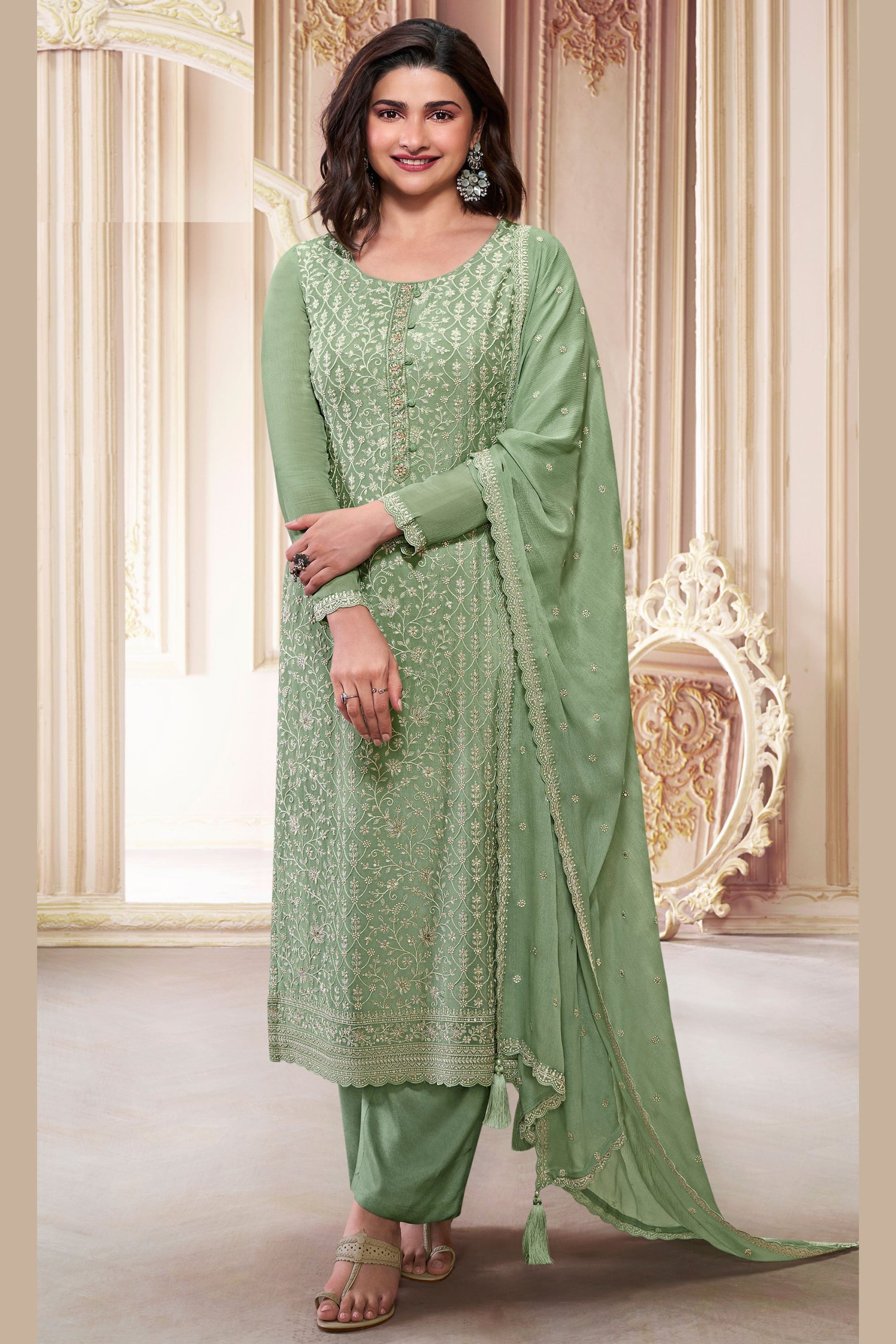 Green Chinon Silk Long Kameez Suit with Pant and Dupatta For Indian Festivals & Weddings - Embroidery Work