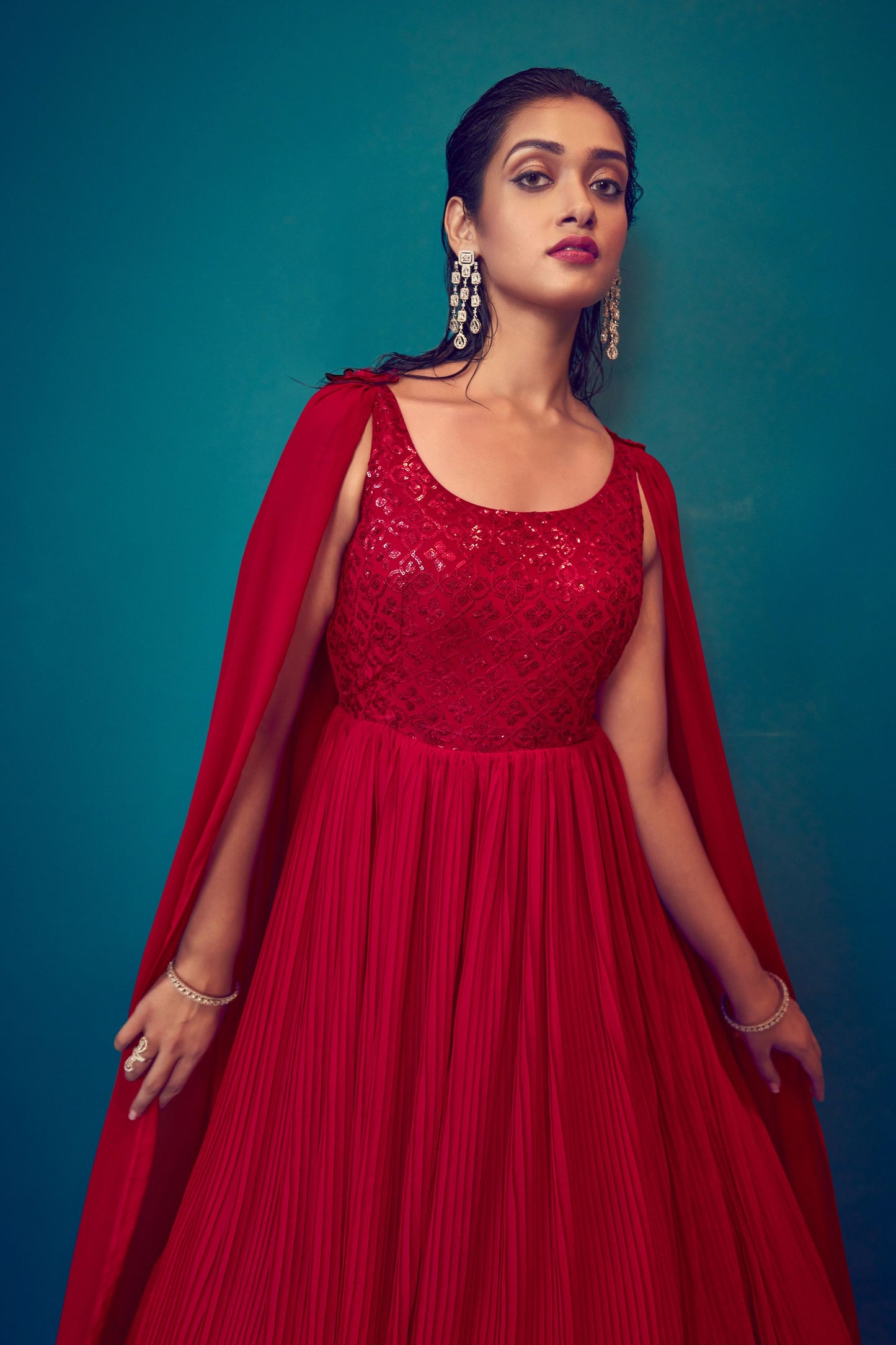 Red Pakistani Georgette Anarkali Gown For Indian Festivals & Weddings - Sequence Embroidery Work, Thread Embroidery Work,